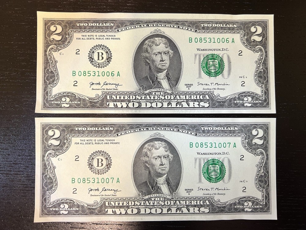Lot of 2 NEW $2 2017A Sequential U.S. Two Dollar Bills Gem Unc Consecutive Notes