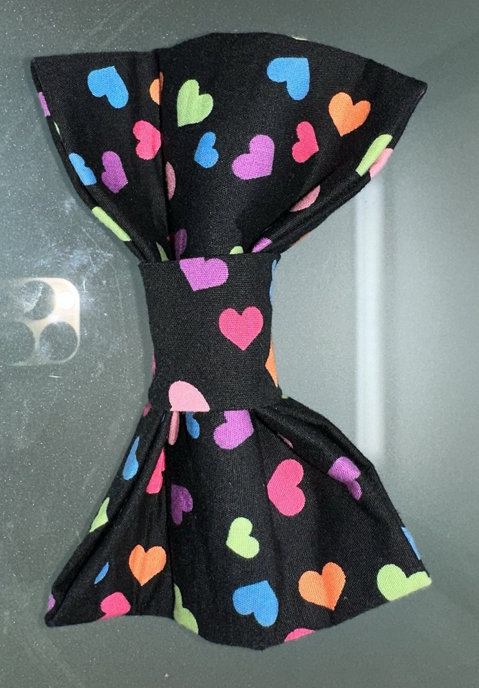 Handmade Over The Collar Medium Pet Bow - Black With multicolored heart Pattern