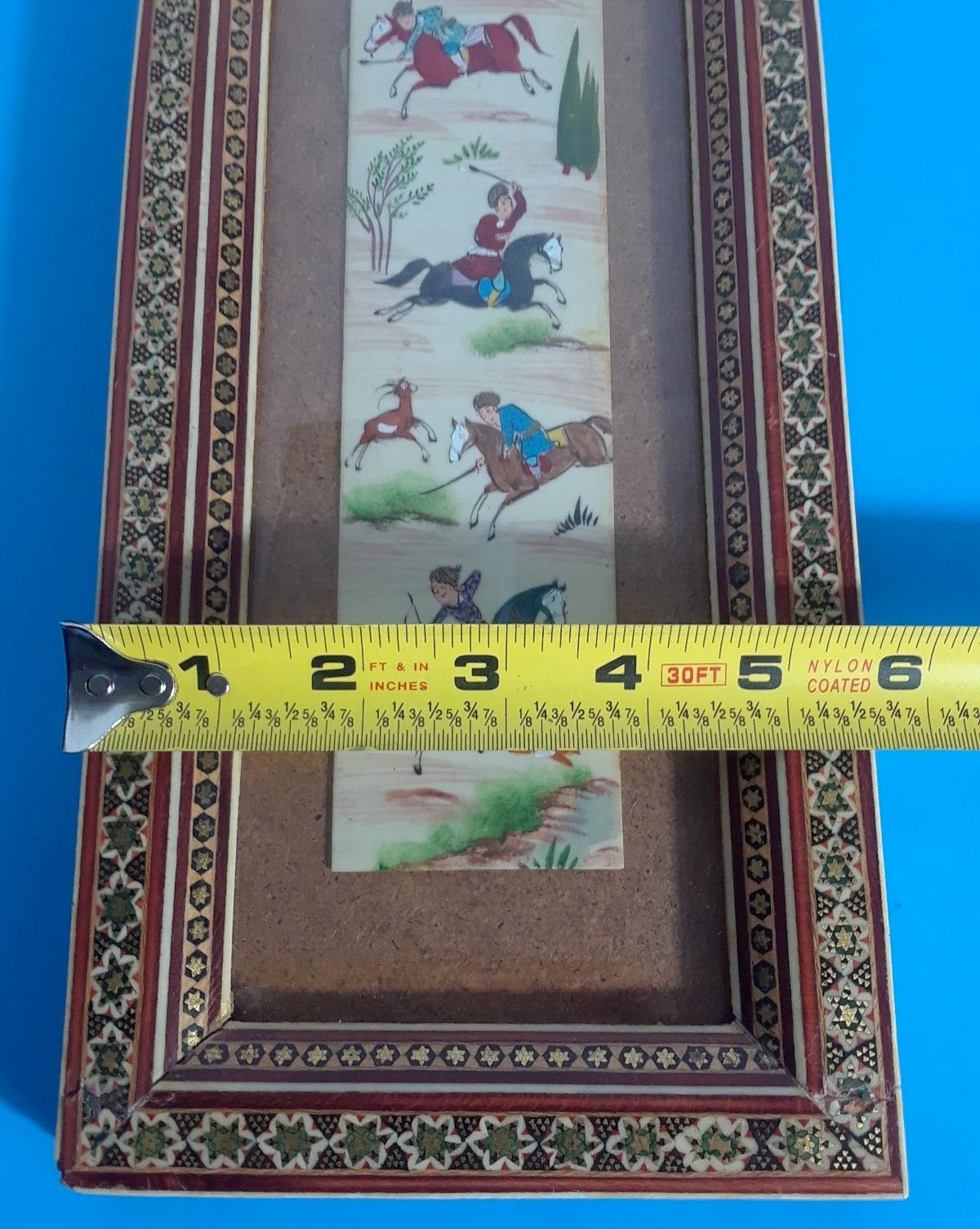 Chinese Scroll Warrior Horses Enamel and Wood Frame 19 3/8 x 5.5