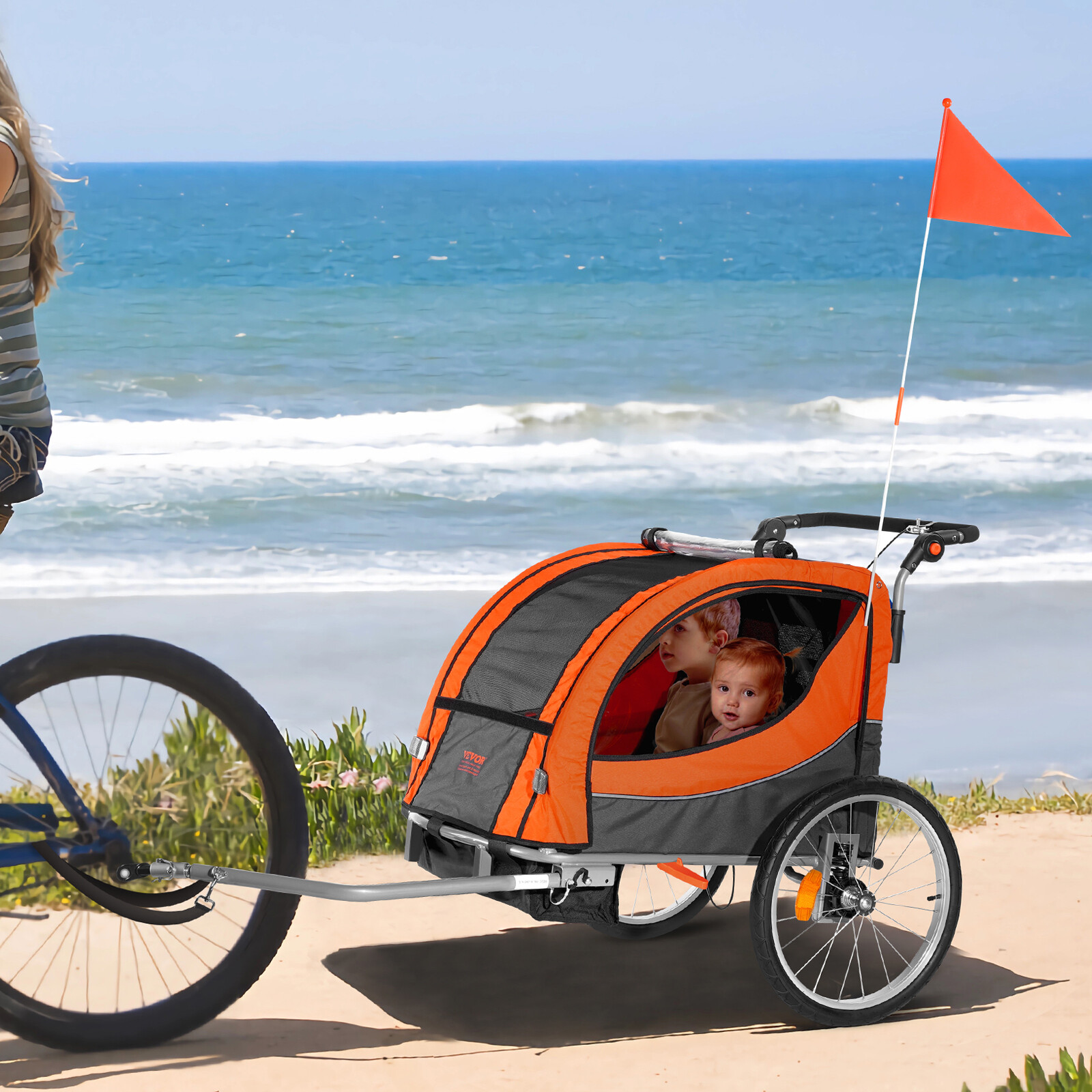 VEVOR Child Bike Trailer Foldable 2 Seater Stroller Double Kids Carrier 100 lbs