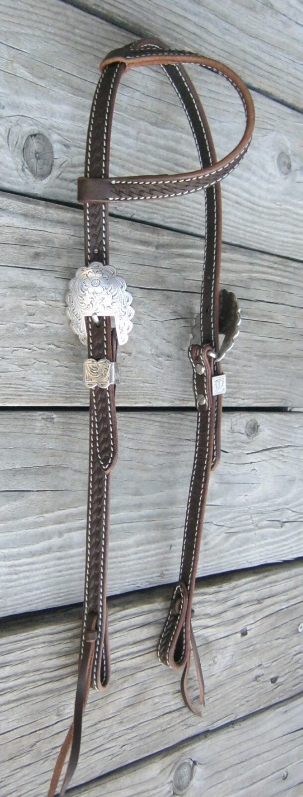 West 74 Dark Brown Leather 5/8" One Ear 2 Piece Engraved Nickel Buckle Headstall