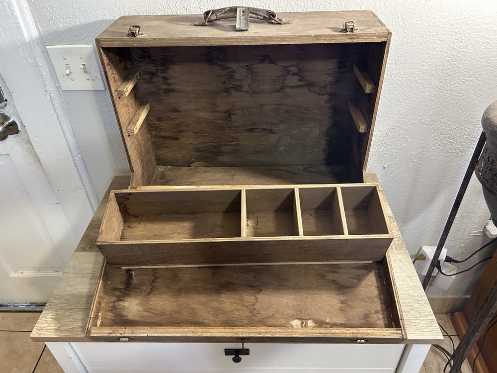 Antique Primitive Folding Wood Tool Work Box w 1 Drawers