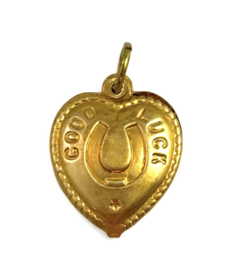 Vintage Good Luck Charm Puffy Heart Pendant Horseshoe Vintage Jewelry Brass