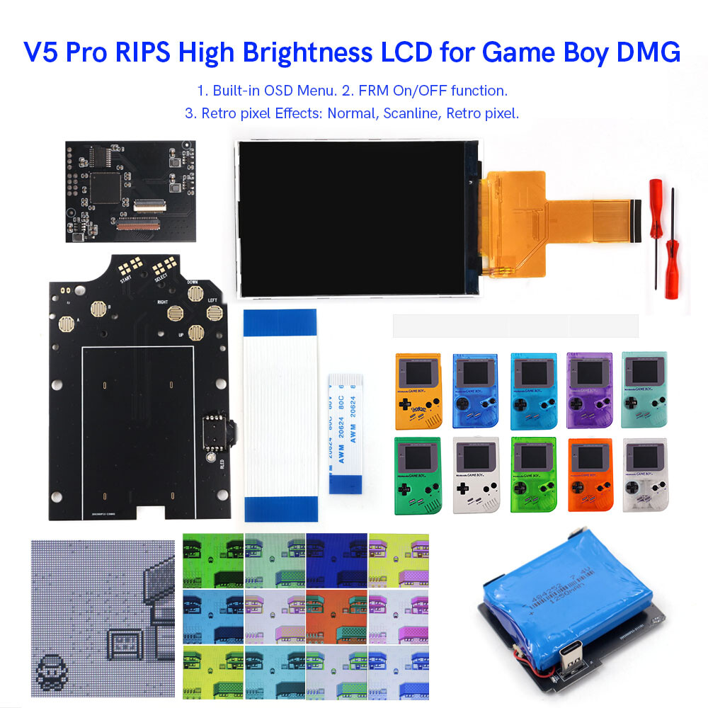 OSD Menu V5 Pro Full Size RIPS Backlight LCD+Pre-cut Shells W/Battery For GB DMG