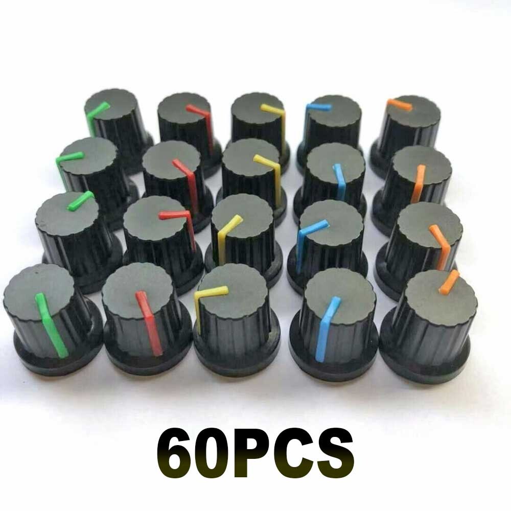 60 Pcs 6mm Shaft Hole Dia Plastic Threaded Knurled Potentiometer Knobs Cap 15*15