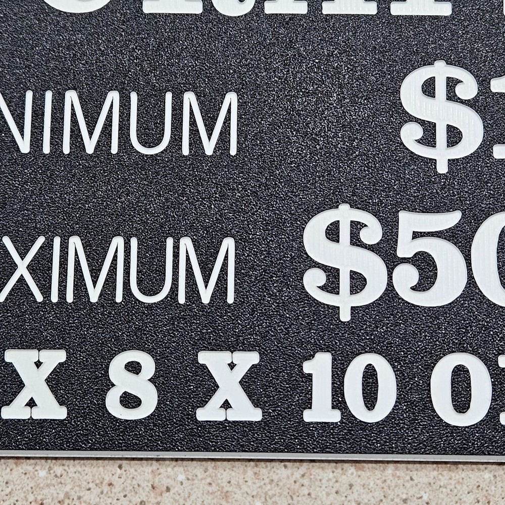 Vintage Craps Black Table Minimum Maximum Rules Plastic Casino Table Sign Plaque
