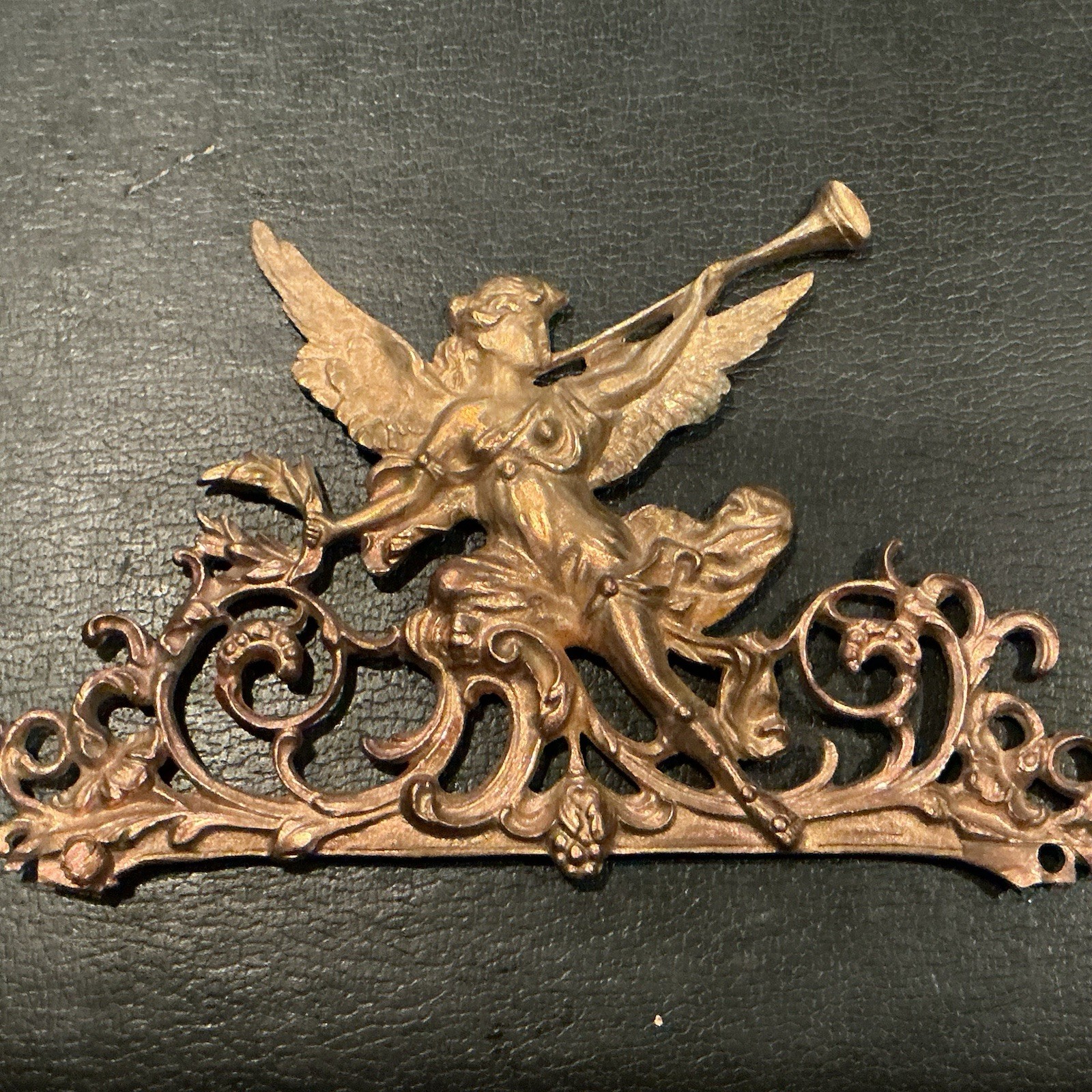 Antique Brass Angel With Trumpet Furniture Mount, Embellishment, Ormolu