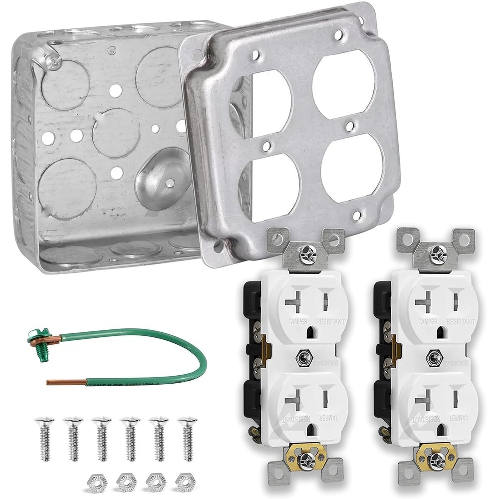 Outlet Box Kit, Includes 4x4'' Drawn Metal Duplex Receptacle Silver