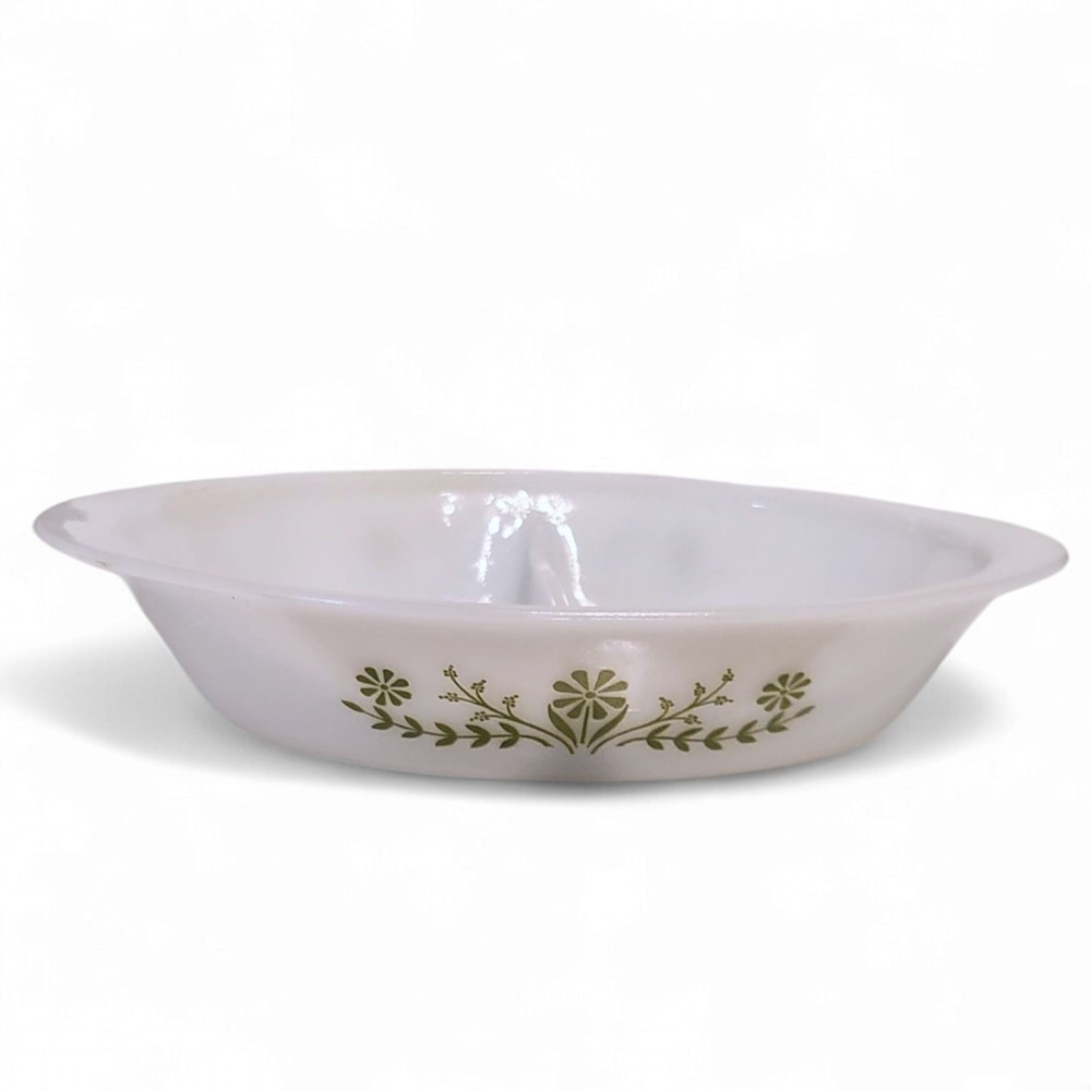 Vintage Glasbake Divided Casserole Serving Dish – White with Green Daisy Pattern