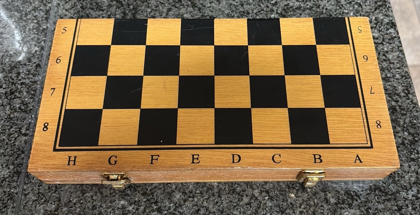 Chess Travel Hinged Wood Board Metal Bronze Silver Pieces Set Small Mini