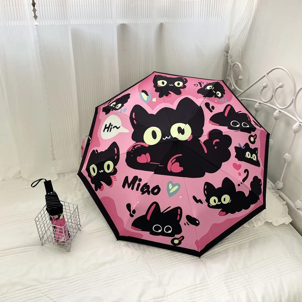 Cute cat fully automatic umbrella with three fold function for both rain and sun
