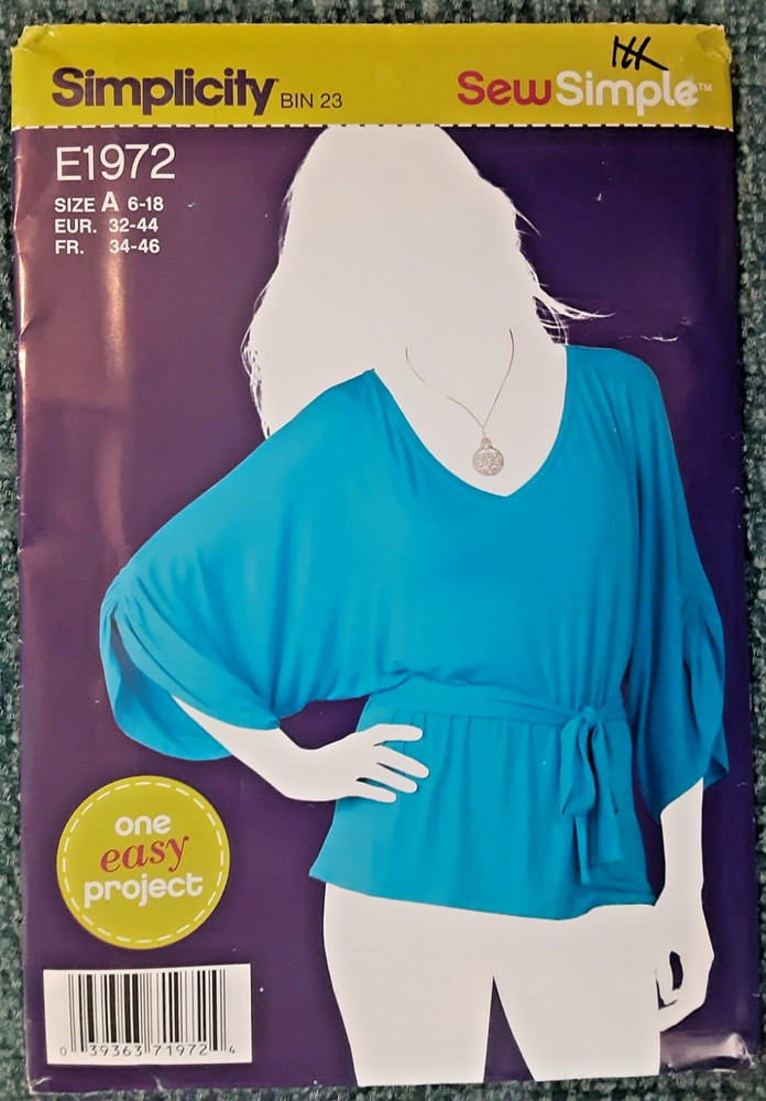 Simplicity Pattern E1972 Misses' Top & Tie Belt Sewing Craft Project 1972 (H)