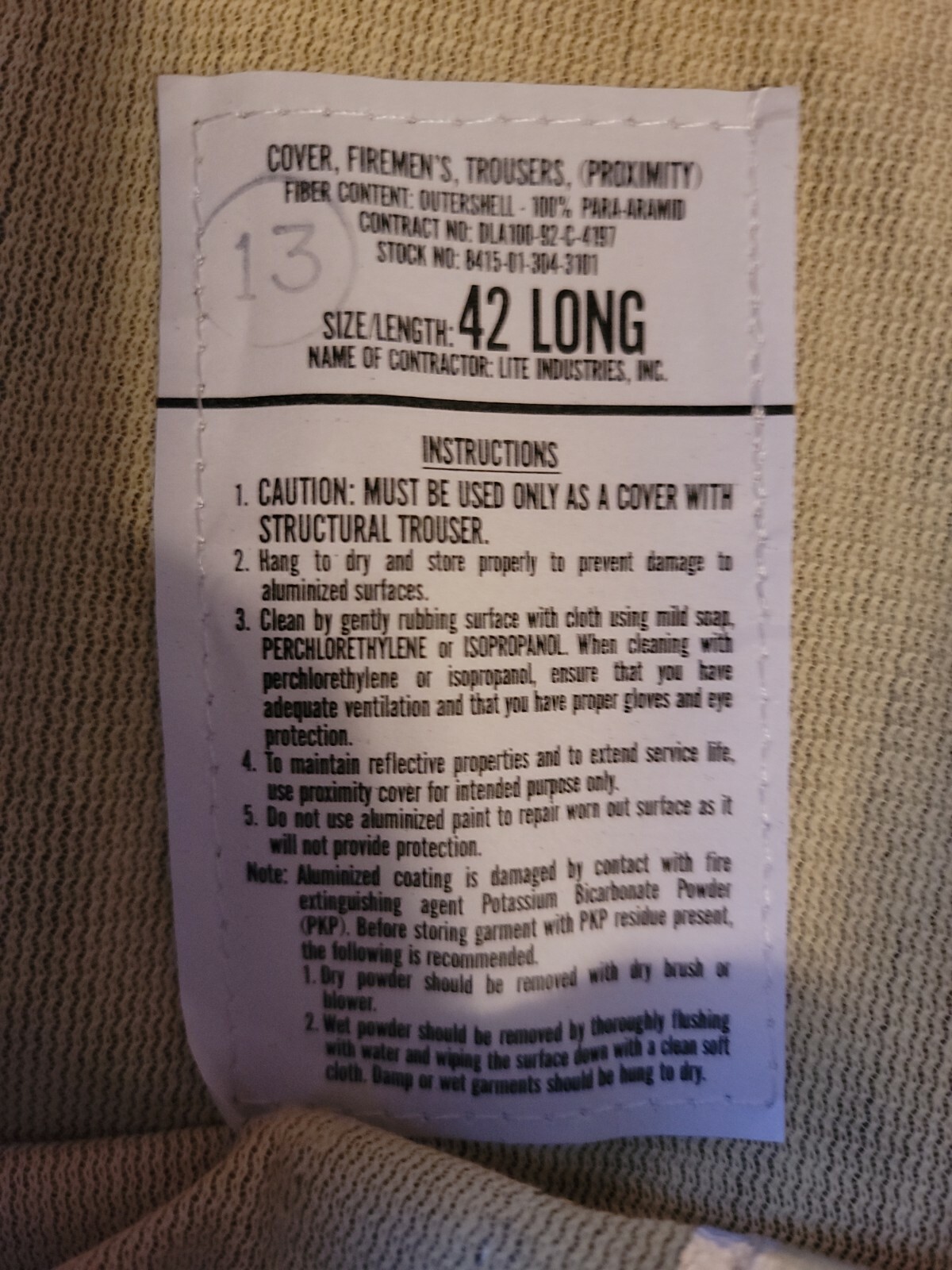 COVER FIREMANS PANTS (PROXIMITY) 8415-01-304-3101 100% PARA ARAMID and Belt