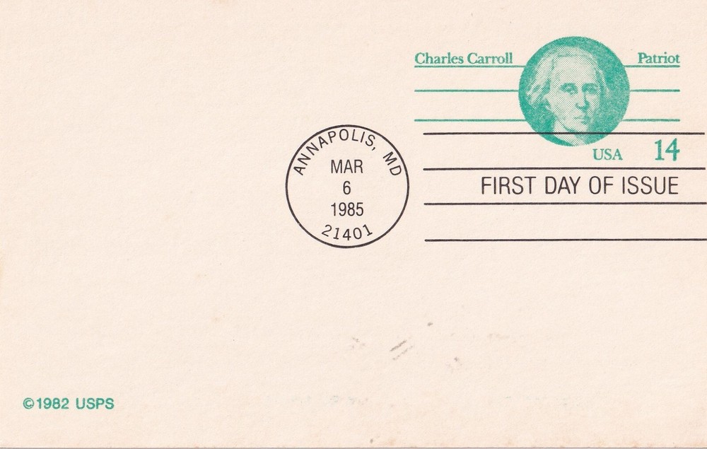 STAMP US SCOTT UX106 "Charles Carroll" 14 CENT 1985 POSTCARD FDC - A