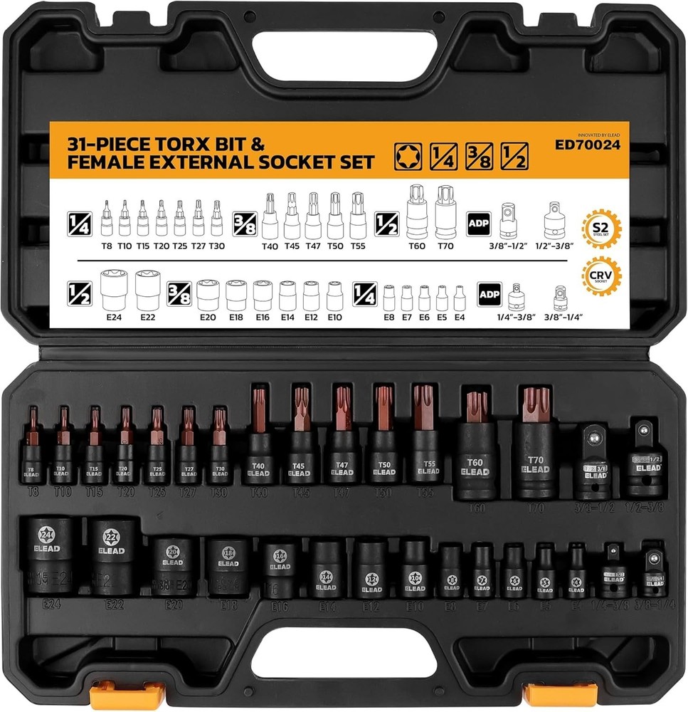 31-Piece Torx Bit Socket Set 14 Star Bits T8-T70 & 13 E-Torx Sockets E4-E24
