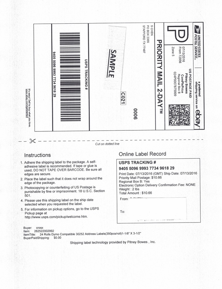 800 Half Sheet Self Adhesive Shipping Label w/ receipt