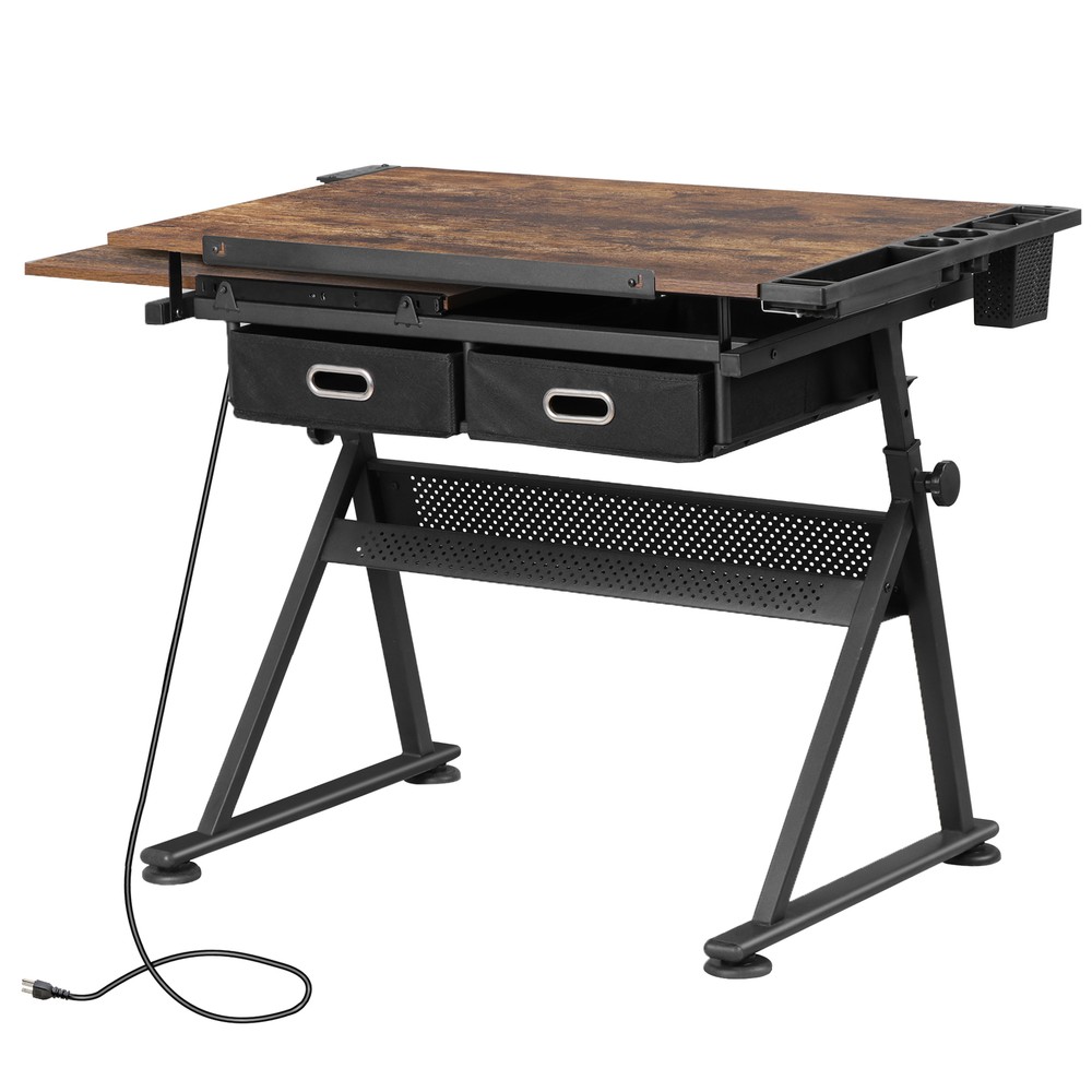 Retro Drafting Table and Stool Set with Outlet Adjustable Artist Drawing Table