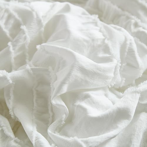 Comforter Set,7 Pieces Ruffle Comforter Set with Sheets,Textured King White