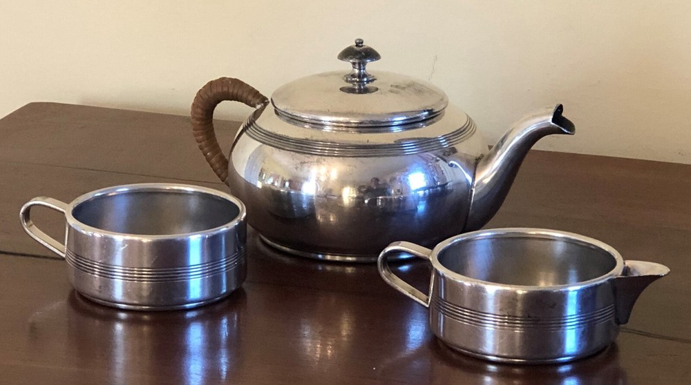 Unique Antique 4 Piece Apollo SIlverplate Stackable Tea Set Teapot Sugar Creamer