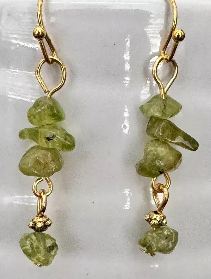 Etched Gold & Green Raw Peridot Chip Dangle Earrings. Boho Chic.