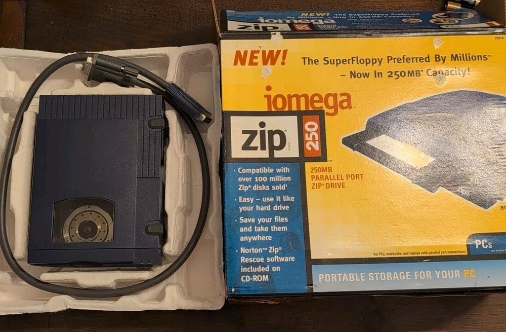 Iomega Zip 100 Portable Drive Parallel Cable Box Power Supply Tested