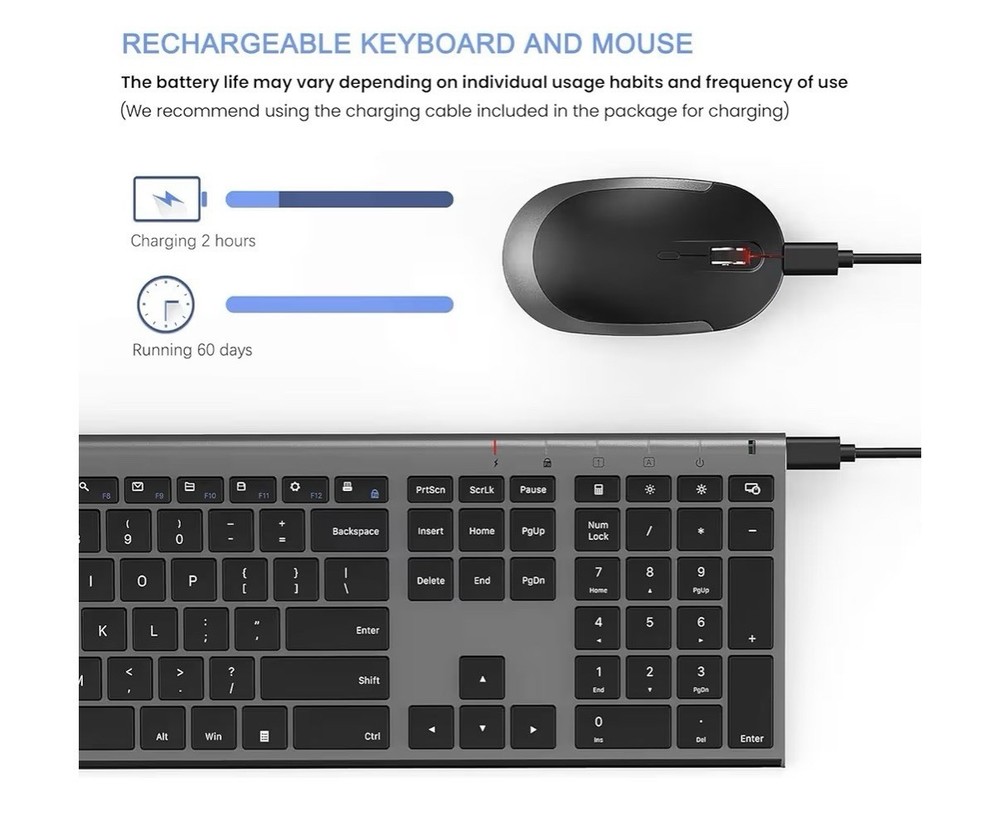Wireless Keyboard and Mouse, Vssoplor Rechargeable-Bluetooth Keyboard, USB Mouse