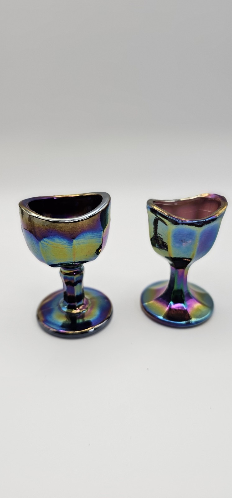 Lot 2 VTG Carnival Glass Eye Wash Cups Iridescent Optical Medical Amethyst