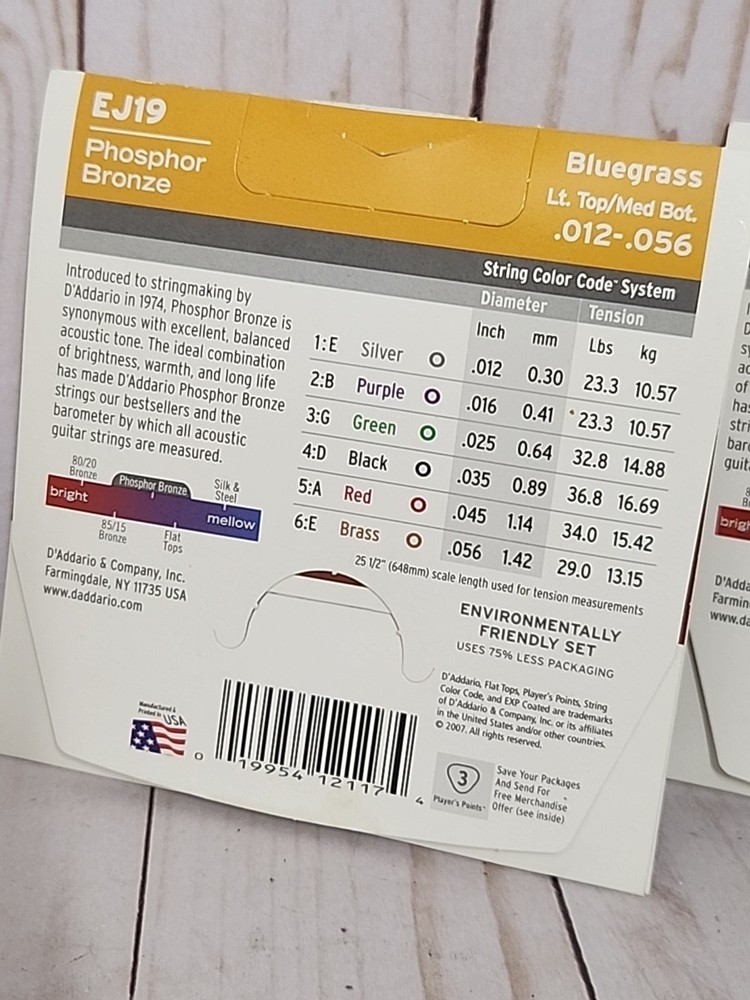 D'Addario EJ Phosphor Bronze Acoustic Guitar Strings EJ19 Bluegrass 12-56