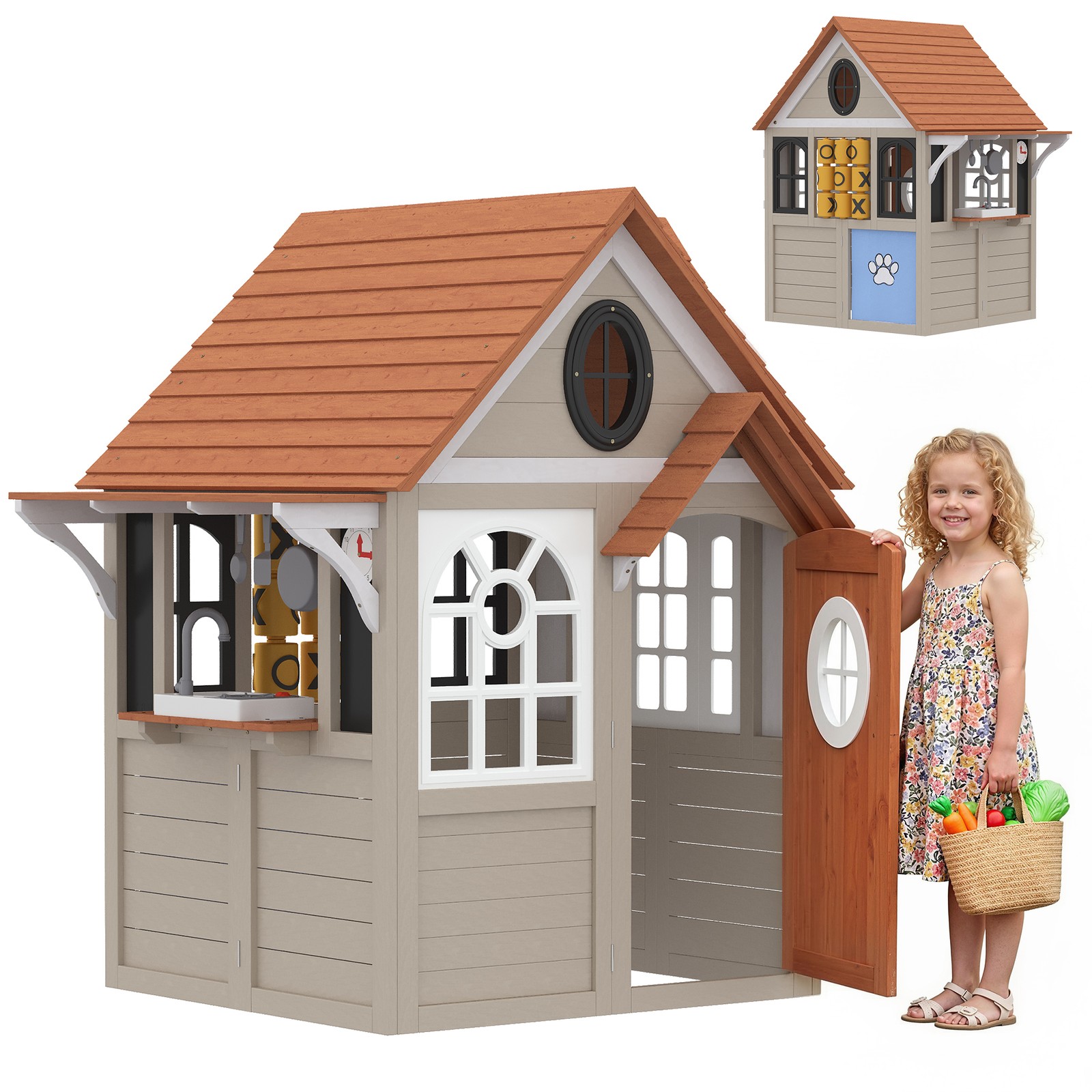 Qaba Outdoor Wooden Playhouse with Dog Door, Cookware, Blackboard, Clock