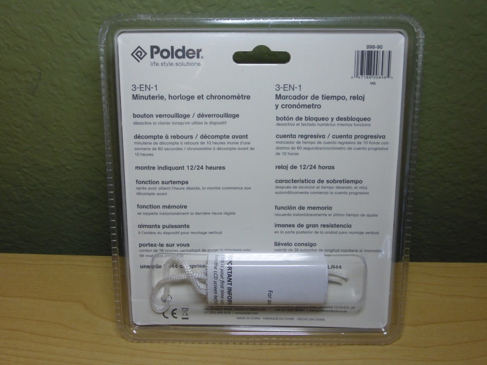 Polder 3-IN-1 Timer Clock & Stopwatch 898-90 Multi Function Tool w/ Lanyard NEW