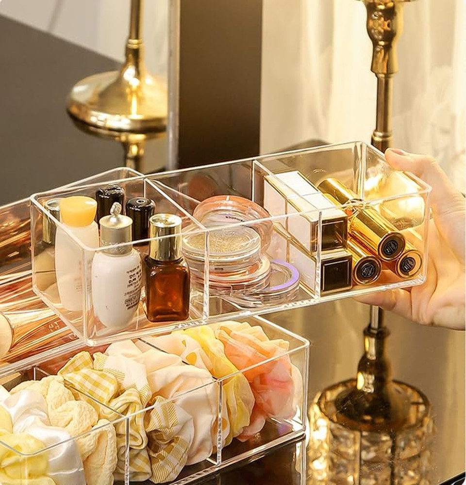 Stackable Clear Drawer Organizers Small Makeup Vanity Storage Bins Trays and ...