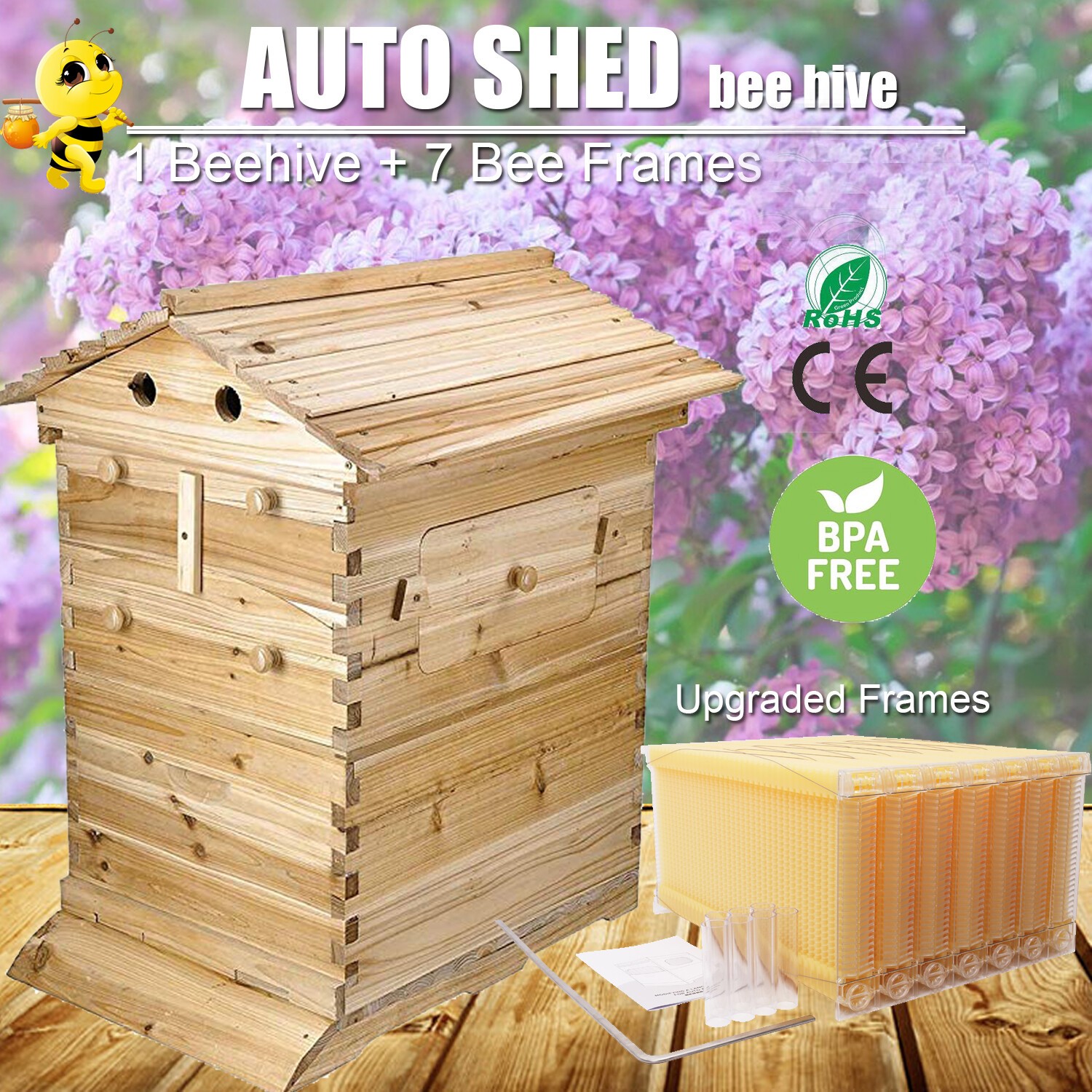 7 Upgraded Bee Frames + Auto Beehive Hive Box Beekeeping Brood Cedarwood Houses