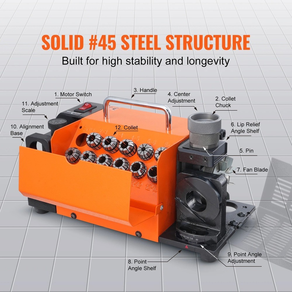 MR-13B Drill Bit Sharpener 3-13mm Portable Grinder + 11 Collets for Workshop