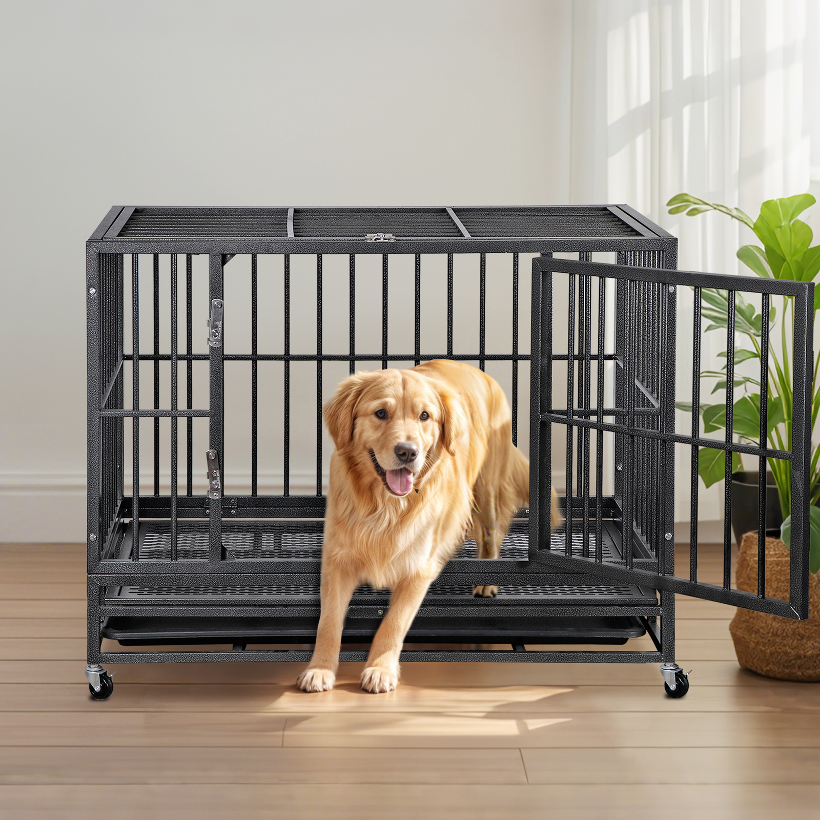 37 Inch Dog Crate Heavy Duty Metal Dog Kennel Indestructible Dog Crate Black