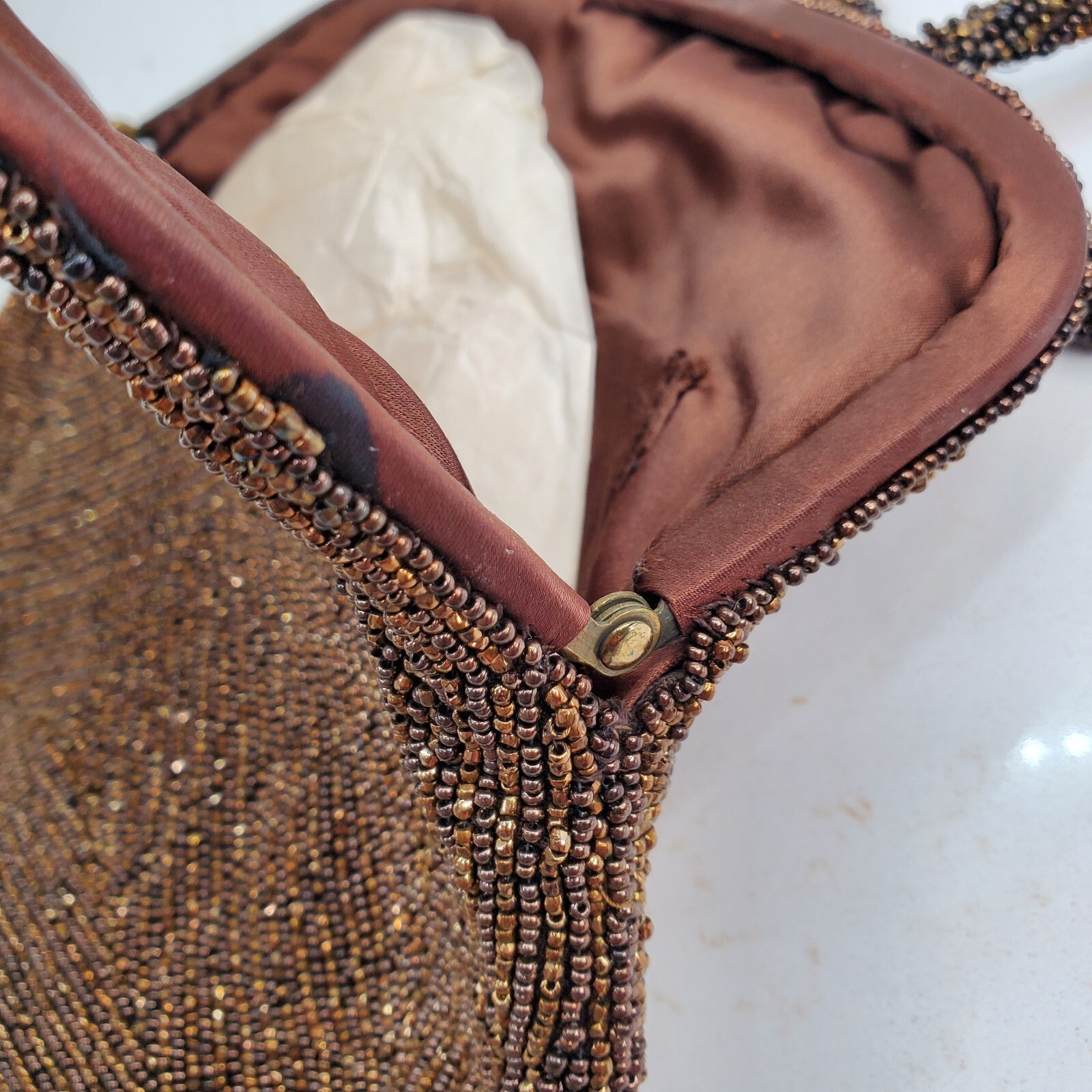 Joseph Horne Pittsburgh Belgium Brown Beaded Evening Bag Handle Twist Top Lock