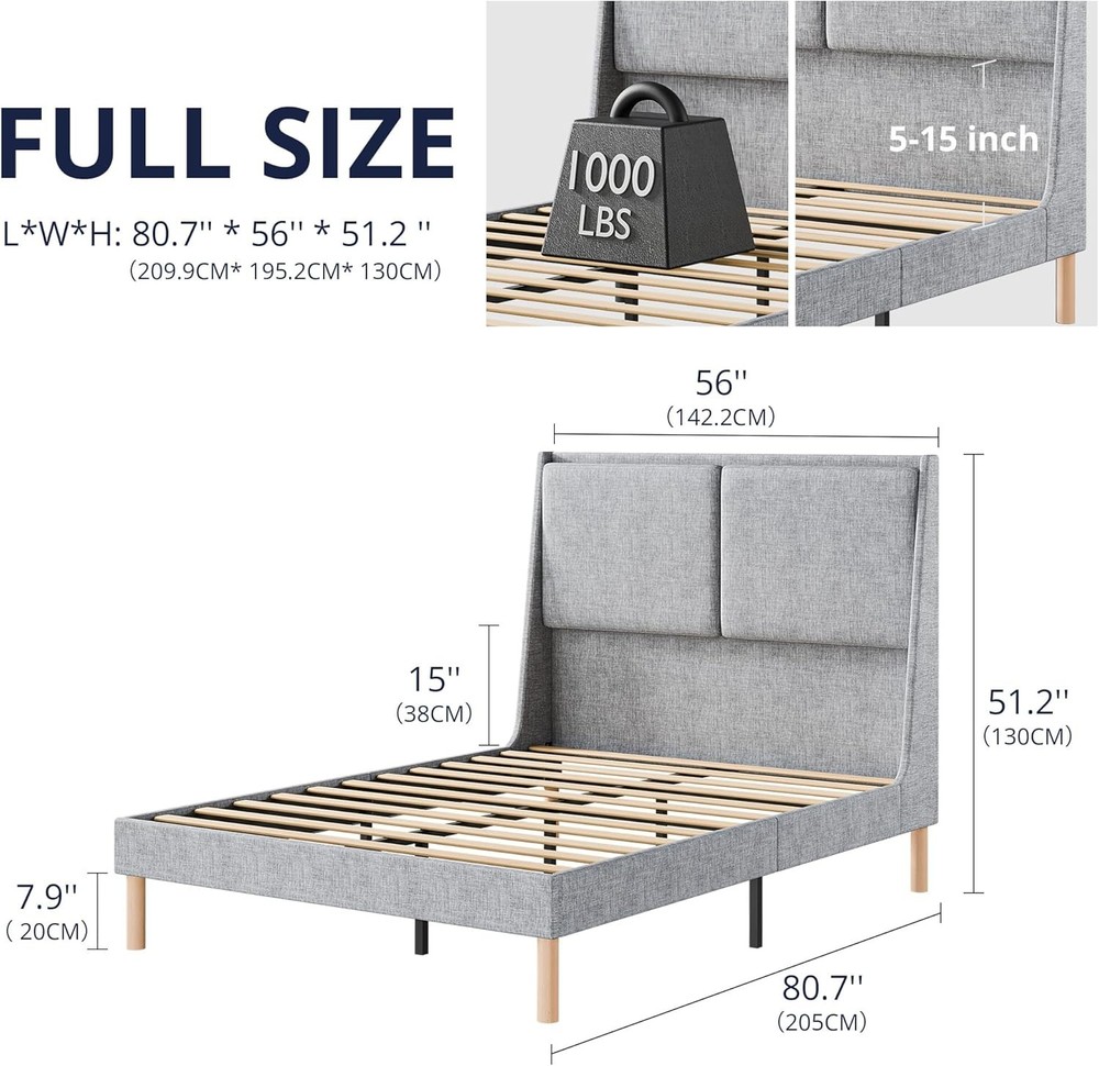 Full Size Upholstered Platform Bed Frame with 51.2"Tall Wingback Headboard Metal