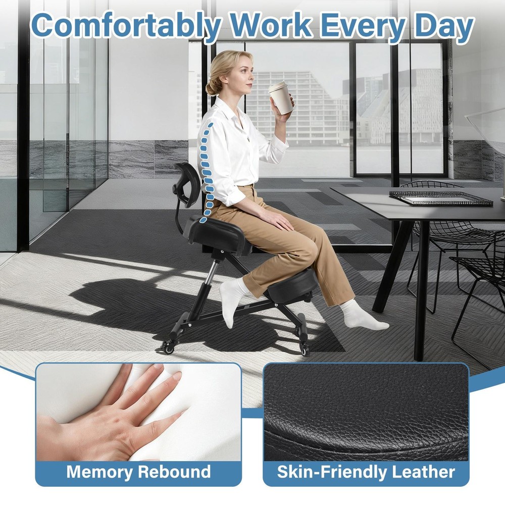 Ergonomic Kneeling Chair with Back Support Adjustable Stool Upright Back Posture
