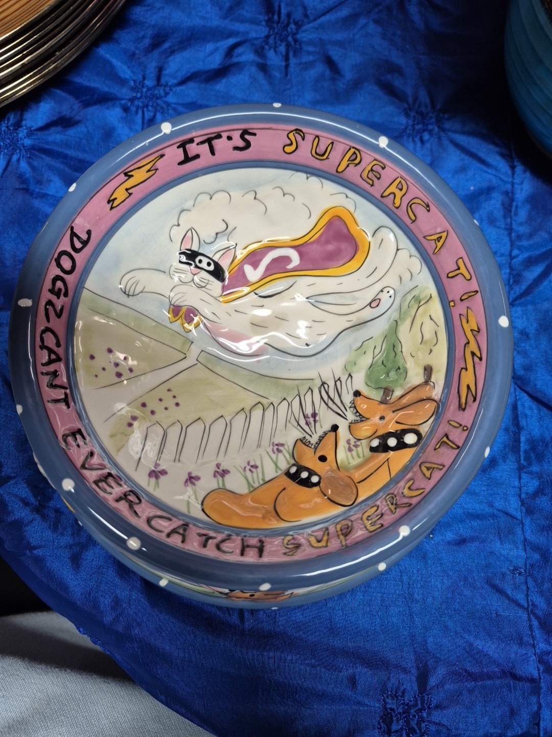 Blue Sky Cat Bowl “Super Cat” 6.5” Ceramic Hand Painted Dogz Can't Ever Catch SC