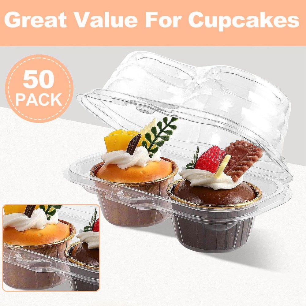 Cupcake Containers 50 Pcs 2 Compartment Clear Box Stackable Deep Dome