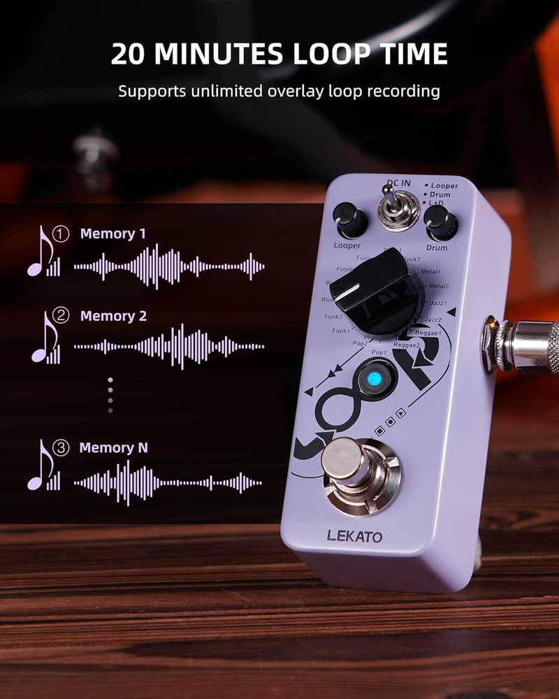 LEKATO Looper Guitar Pedal Loop & Drum Machine 20mins Loop 16 Different Drums