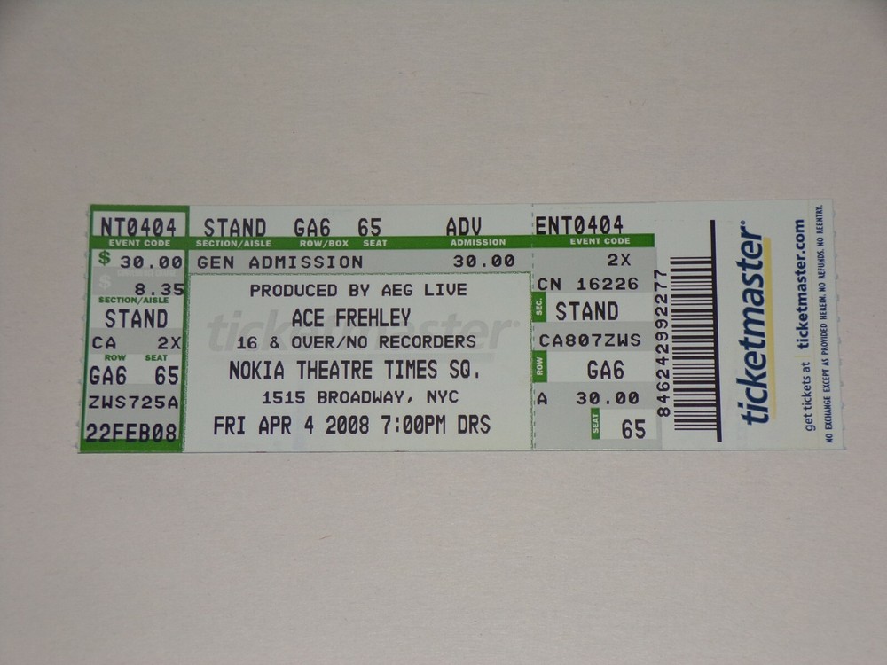 Kiss Full Ticket Stub ACE FREHLEY Solo Concert 2008 Tour NokiaTheatre NYC 1