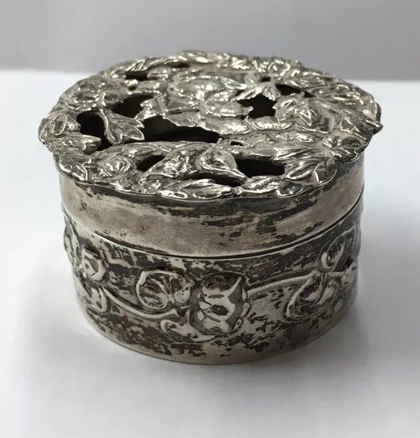 Antique 1908 Comyns & Sons Solid Silver Pill Box Floral Pierced Top