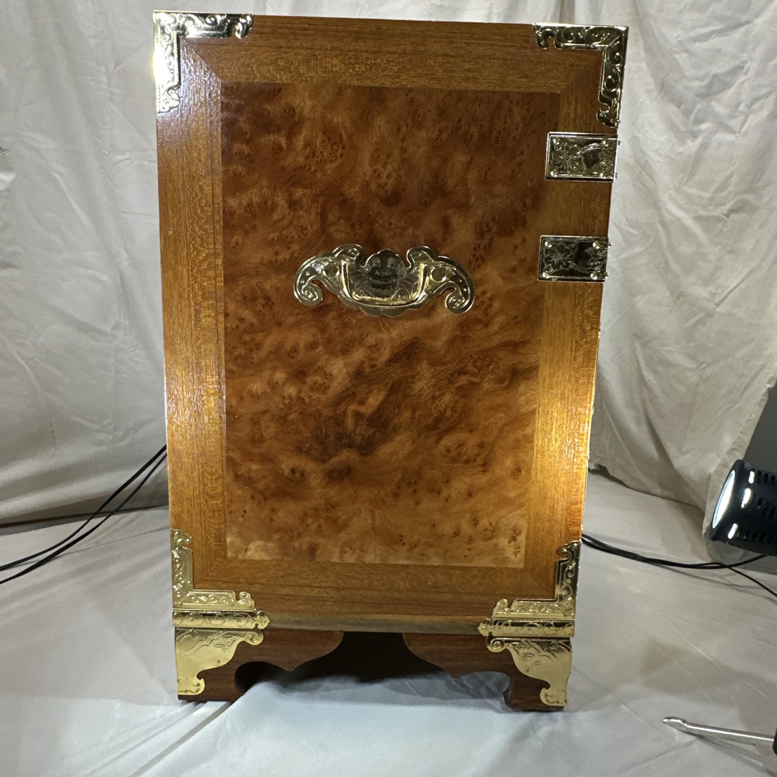 Vintage Asian Burl Wood and Brass Tansu Chest Mid Century 1970's Elegant