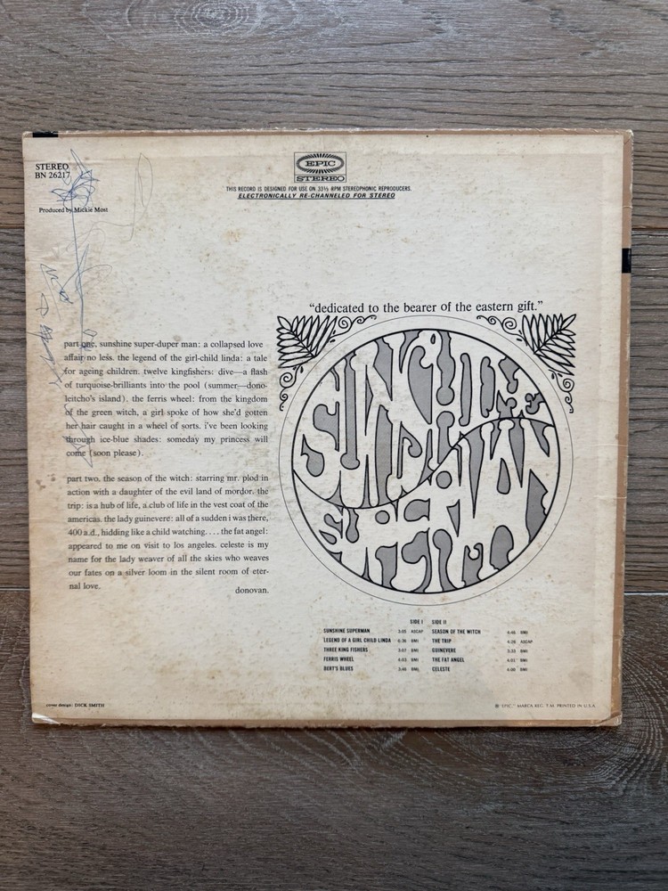 Donovan signed Sunshine Superman album LOA & photo proof