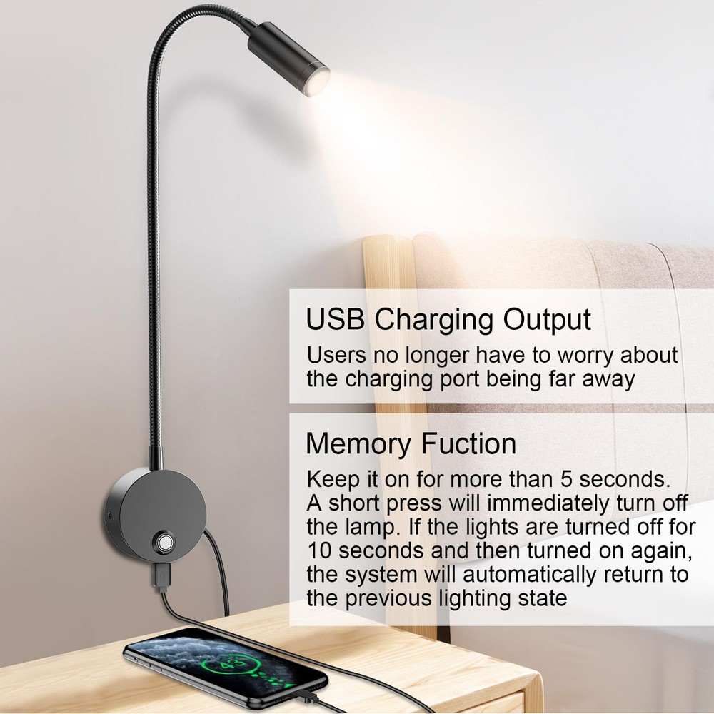 Wall Mounted LED Reading Light with 15" Flexible 15" Bedside reading light 2p