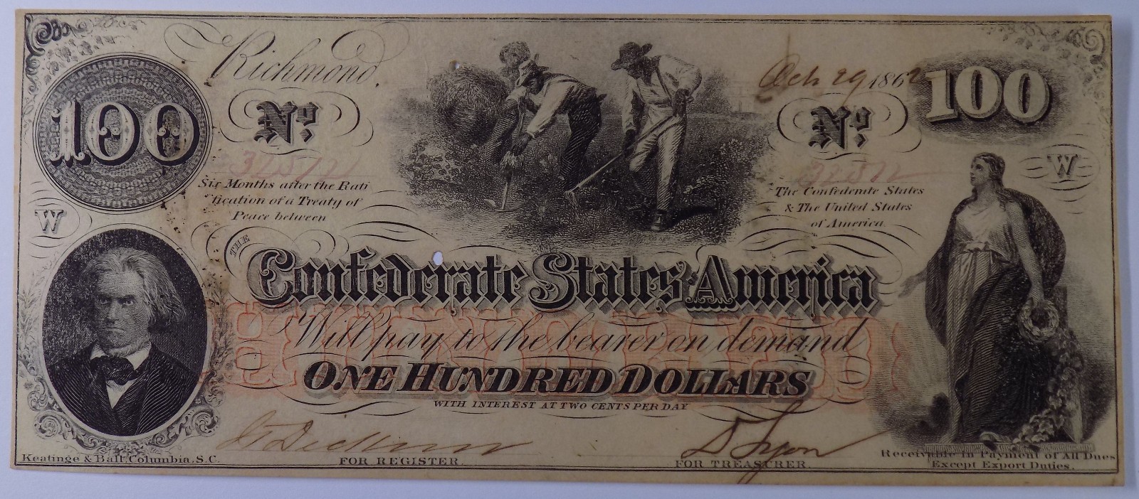 1862 $100 Confederate States of America Slaves T-41 AU two holes