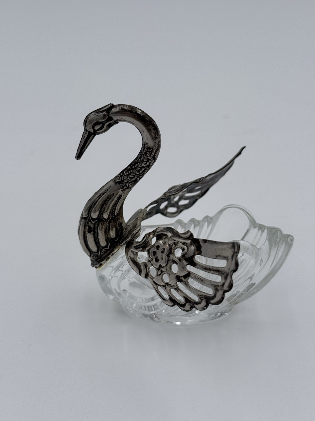 Vintage Sterling Silver And Glass Swan Salt Cellar Trinket Dish
