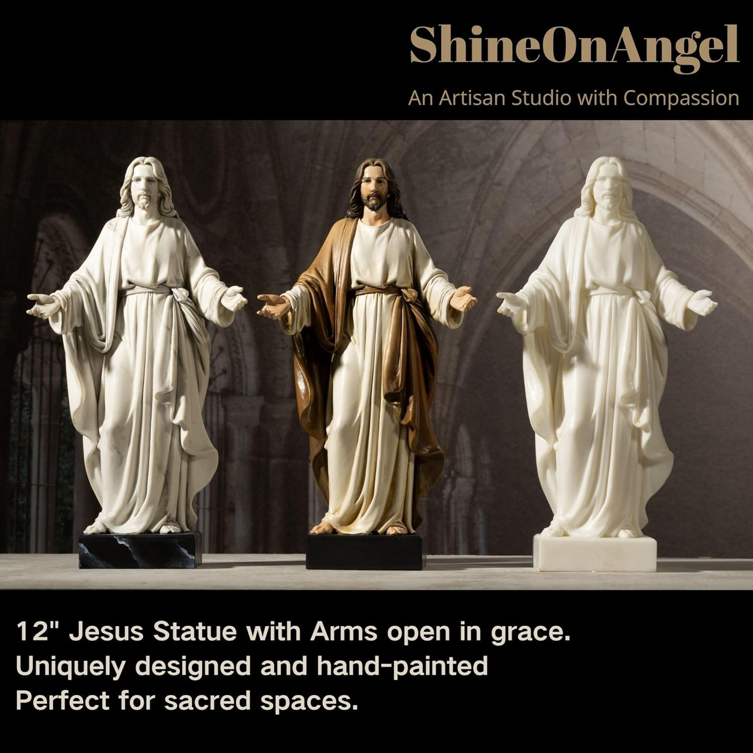 12” Jesus Statue Marble Effect Open Arms Christian Home Décor Resin Figure