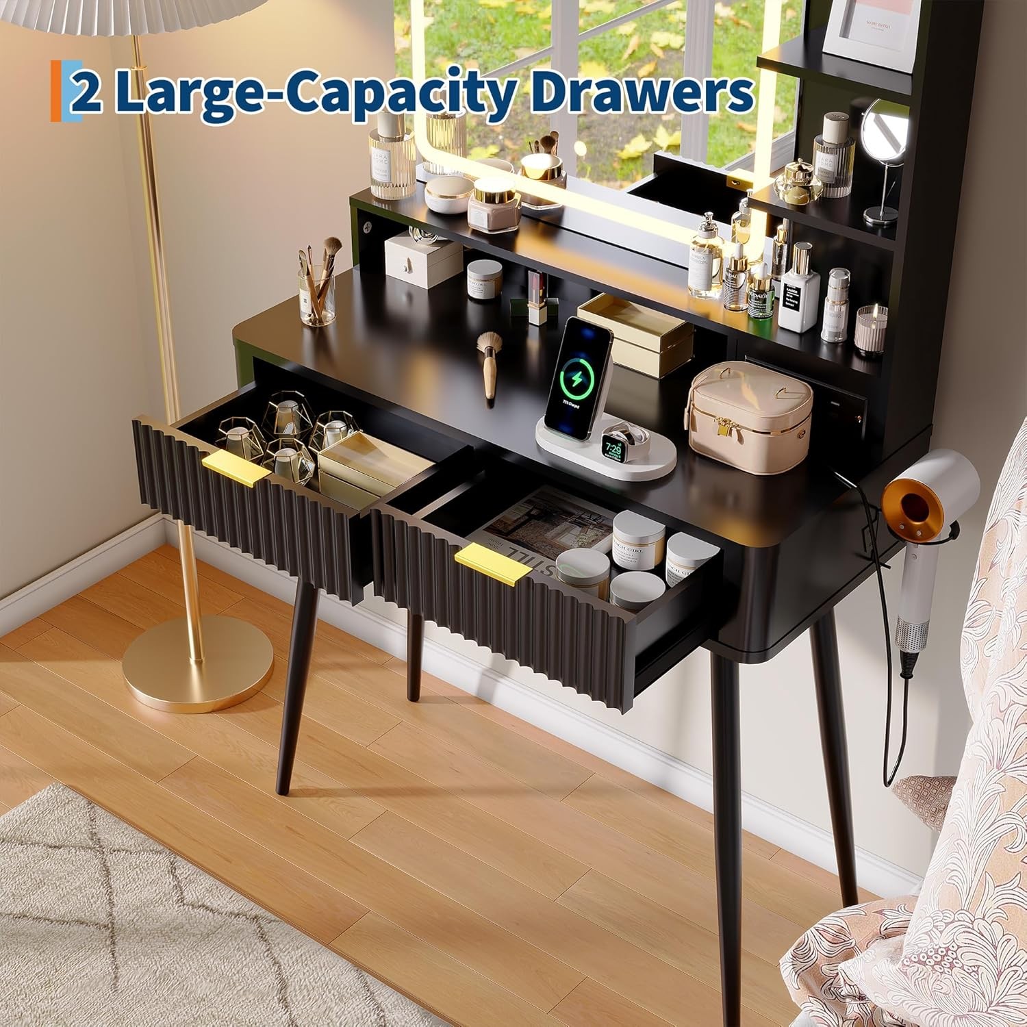 31 in Makeup Vanity Desk Table with Mirror and Lights, Power Outlet & Storage