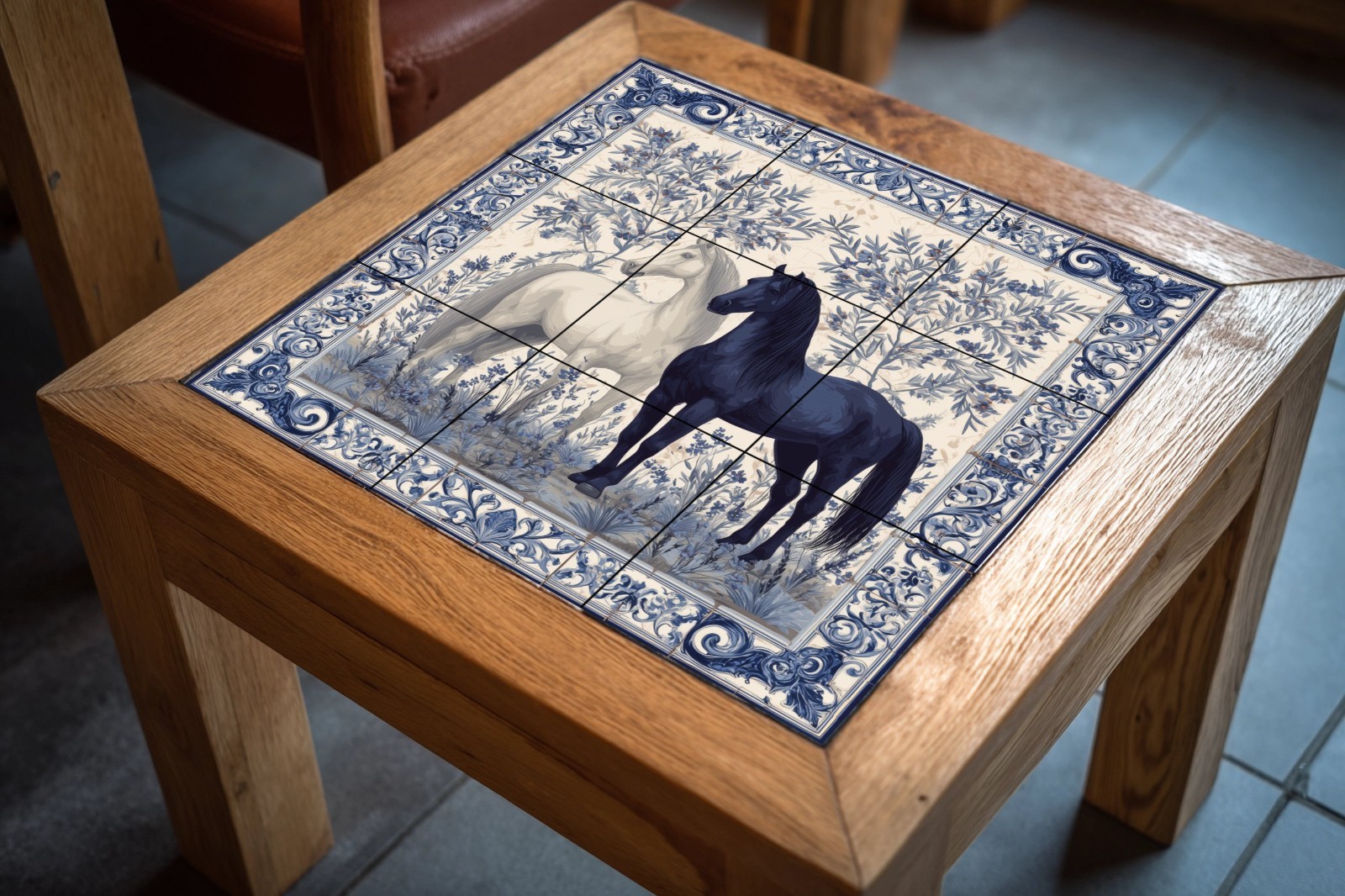 Equestrian Ceramic Tile Mural – Black & White Horses, Blue Floral Wall Art